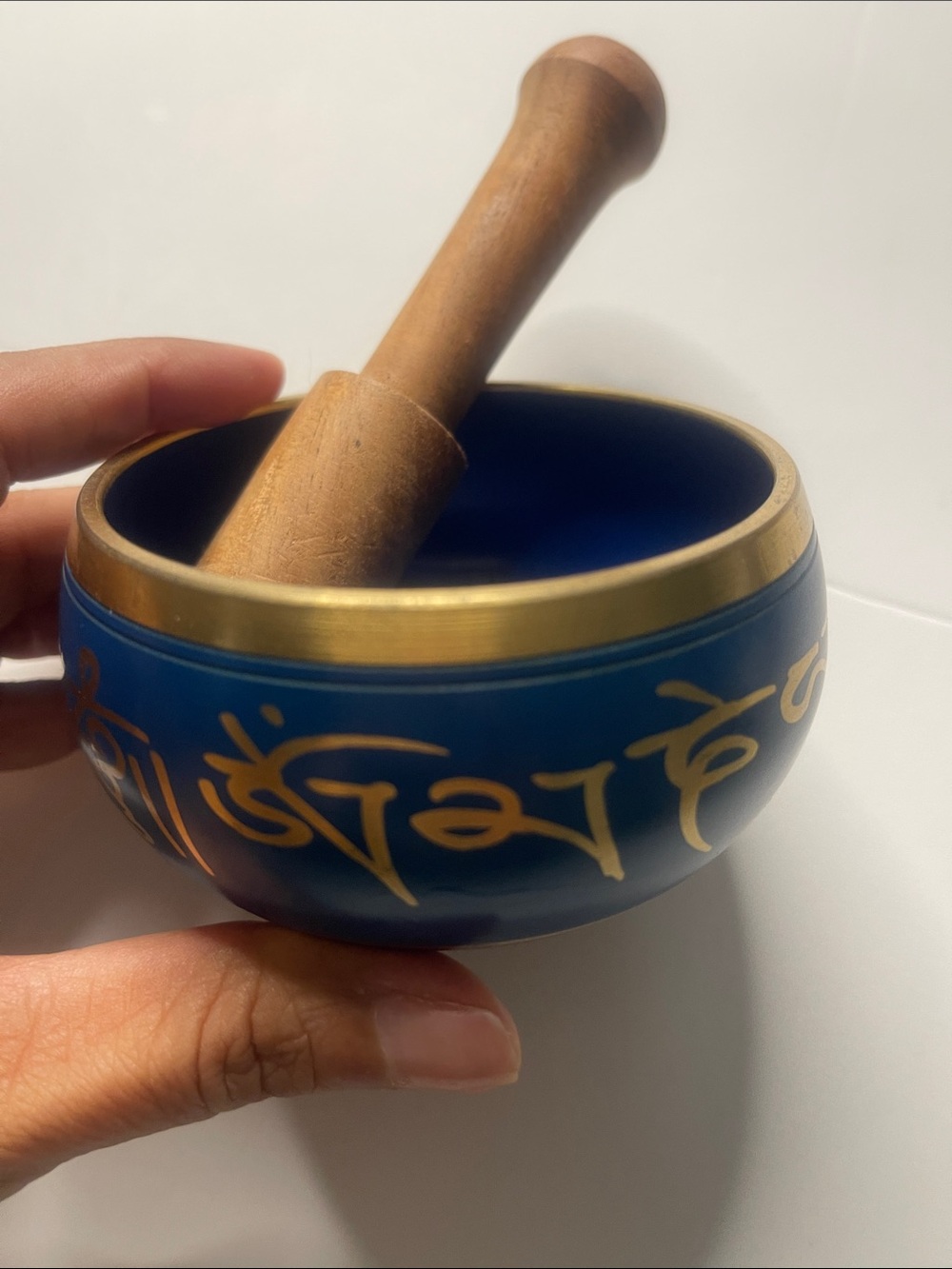 Blue and Gold Handheld Singing Bowl with Wooden Mallet